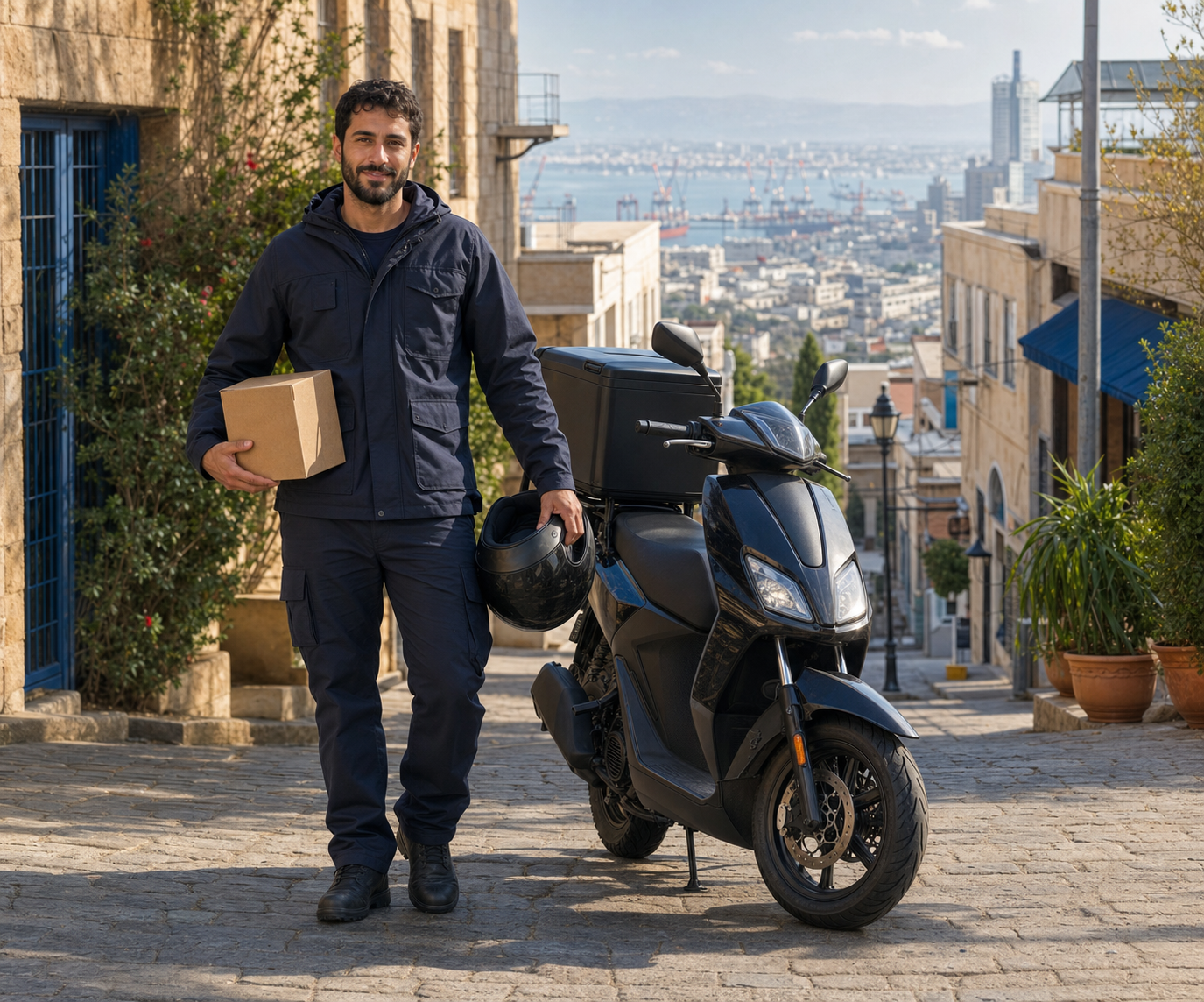 Fictional local courier Noam standing beside a motor scooter in Haifa with his helmet removed